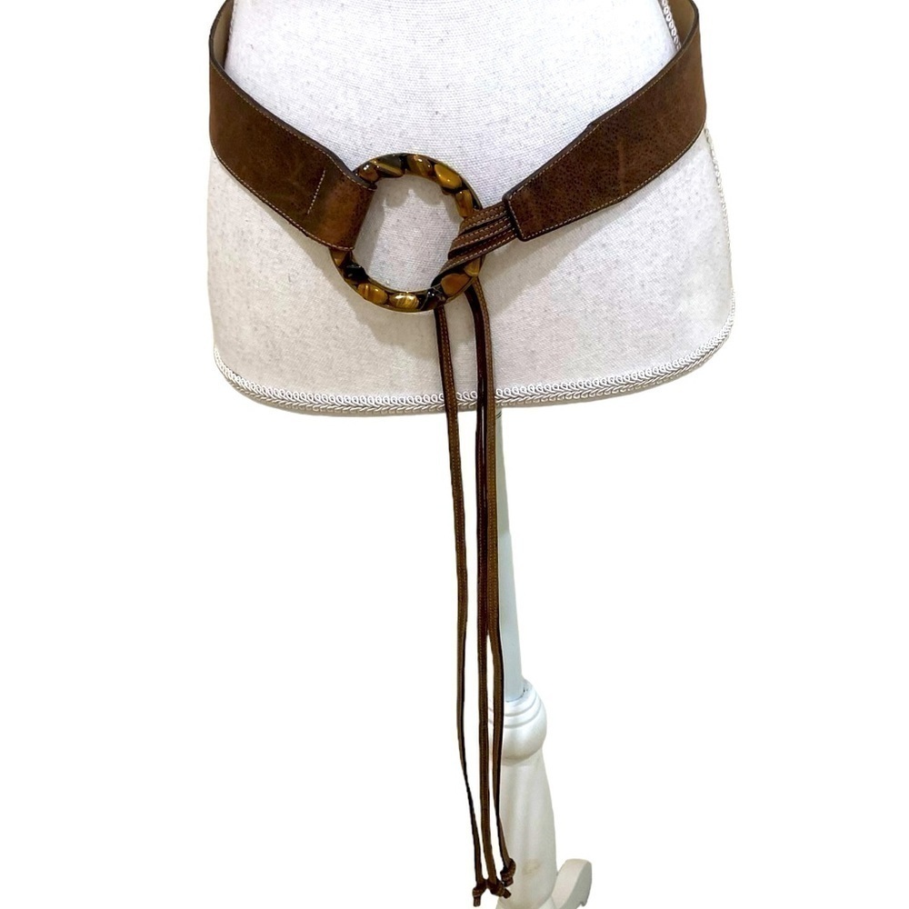 Elite Accessories genuine leather brown belt tigers eye buckle trio ties medium